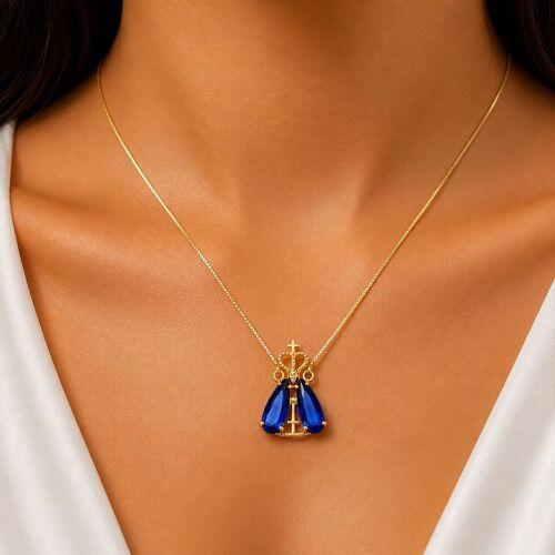 Colar Nossa Senhora com Gota Zirc�nia Azul Safira Banhado em Ouro 18K