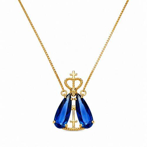 Colar Nossa Senhora com Gota Zircônia Azul Safira Banhado em Ouro 18K