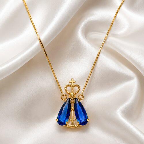 Colar Nossa Senhora com Gota Zircônia Azul Safira Banhado em Ouro 18K