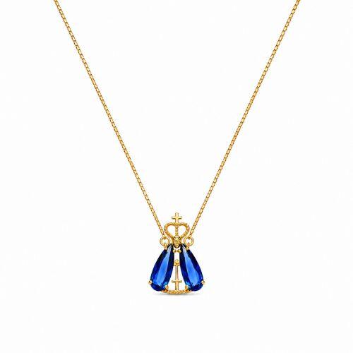 Colar Nossa Senhora com Gota Zirc�nia Azul Safira Banhado em Ouro 18K