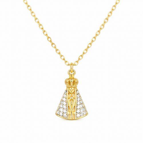 Colar Mini Nossa Senhora Dupla Face Zirc�nia Cristal e Azul Banhado a Ouro