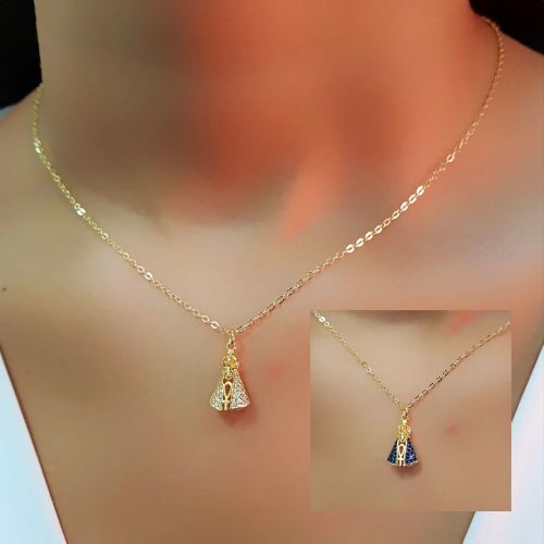 Colar Mini Nossa Senhora Dupla Face Zirc�nia Cristal e Azul Banhado a Ouro