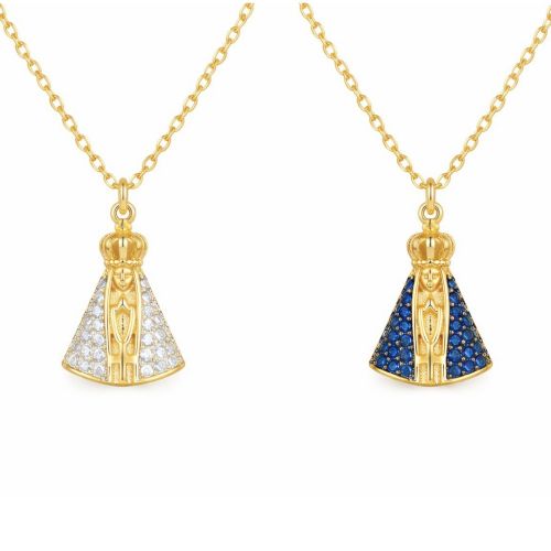 Colar Mini Nossa Senhora Dupla Face Zircônia Cristal e Azul Banhado a Ouro