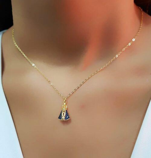 Colar Mini Nossa Senhora Dupla Face Zirc�nia Cristal e Azul Banhado a Ouro