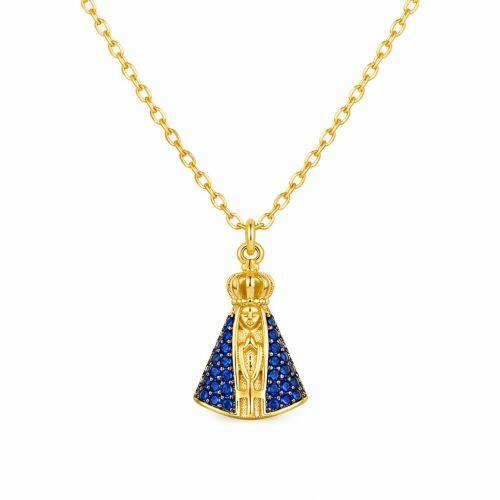 Colar Mini Nossa Senhora Dupla Face Zirc�nia Cristal e Azul Banhado a Ouro