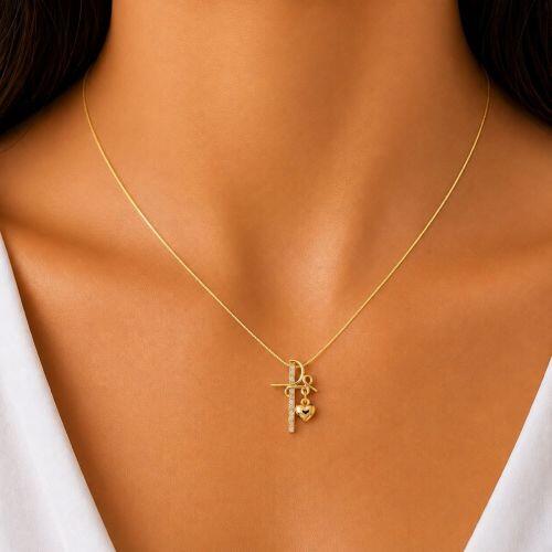 Colar Fé Micro Zircônia com Coração Liso Banhado a Ouro