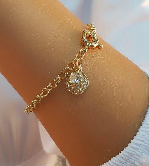 Pulseira Elo Portugu�s com S�o Bento e Ponto de Luz Banhado a Ouro