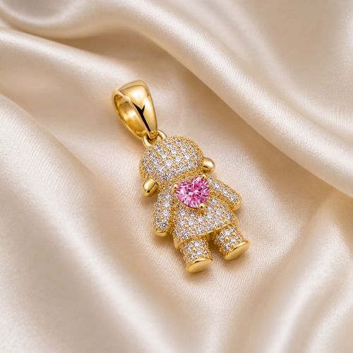Pingente Menina Micro Zircônia Cristal com Coração Rosa Banhado a Ouro