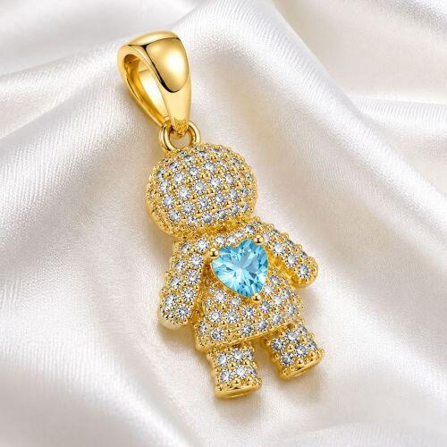 Pingente Menino Micro Zircônia Cristal com Coração Azul Banhado a Ouro