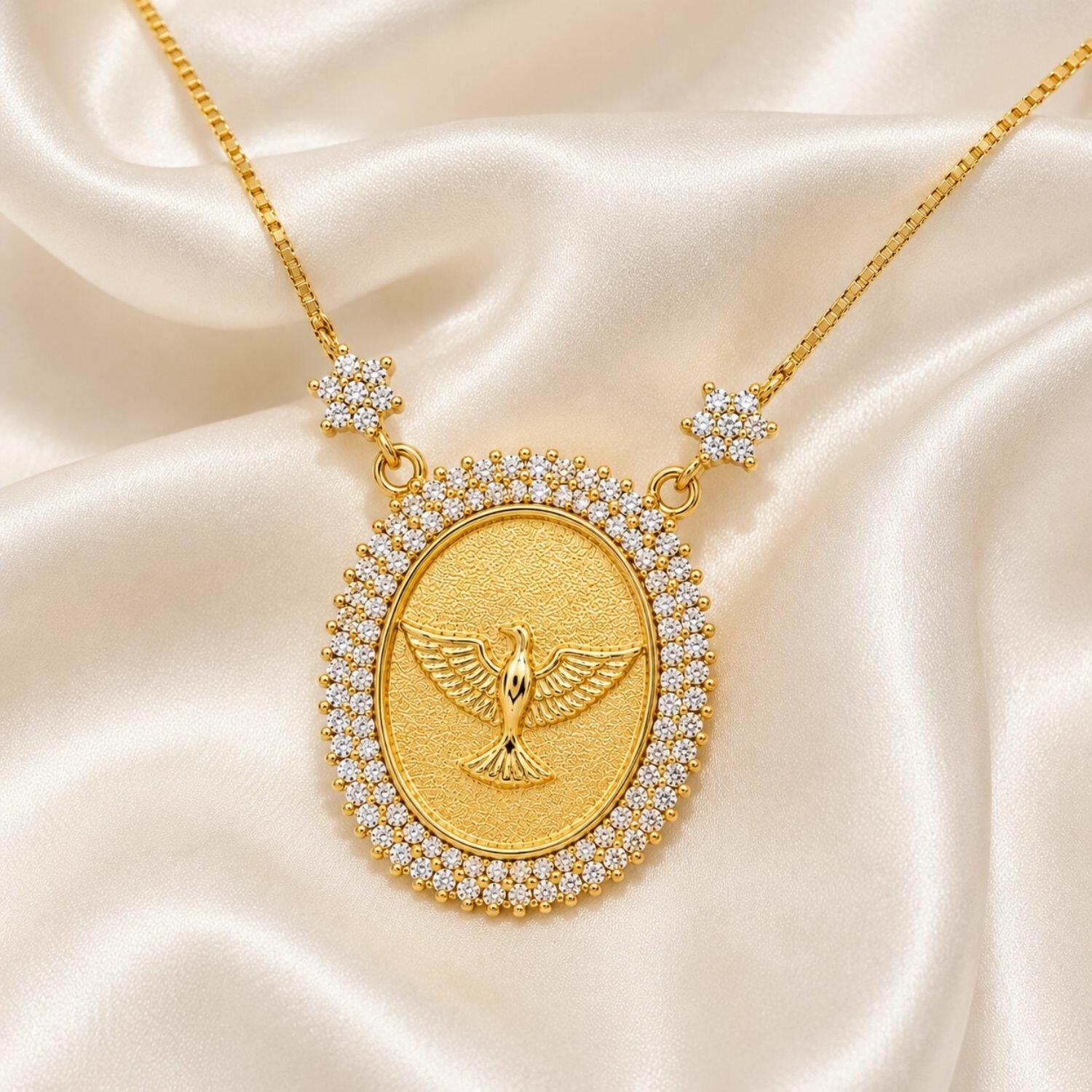 Colar Mandala Espírito Santo Zircônia Cristal Banhado a Ouro