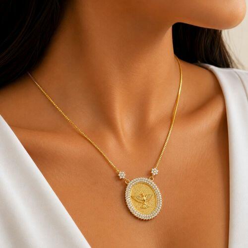 Colar Mandala Espírito Santo Zircônia Cristal Banhado a Ouro