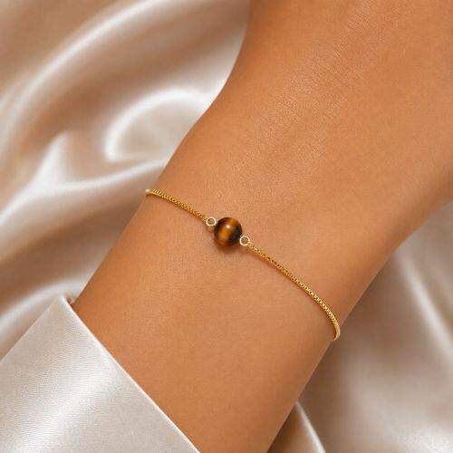 Pulseira Pedra Natural Olho de Tigre Banhado a Ouro