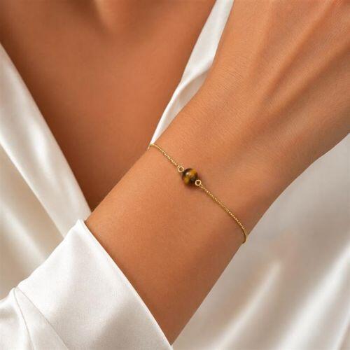 Pulseira Pedra Natural Olho de Tigre Banhado a Ouro