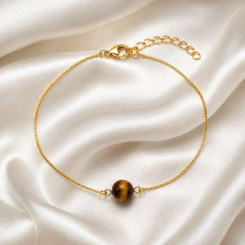 Pulseira Pedra Natural Olho de Tigre Banhado a Ouro