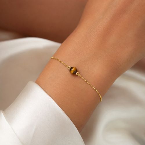 Pulseira Pedra Natural Olho de Tigre Banhado a Ouro