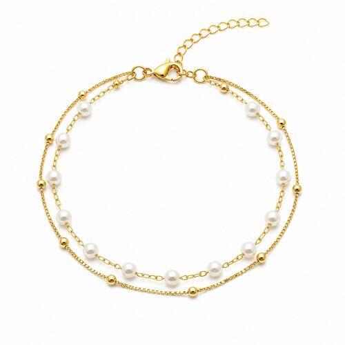 Pulseira Dupla 2 Fios P�rola com Bola Lisa Banhado a Ouro