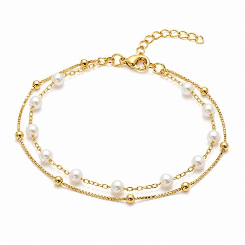 Pulseira Dupla 2 Fios Pérola com Bola Lisa Banhado a Ouro