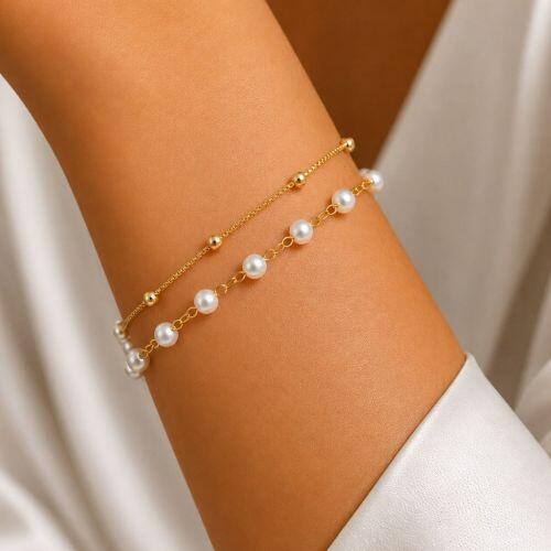 Pulseira Dupla 2 Fios P�rola com Bola Lisa Banhado a Ouro
