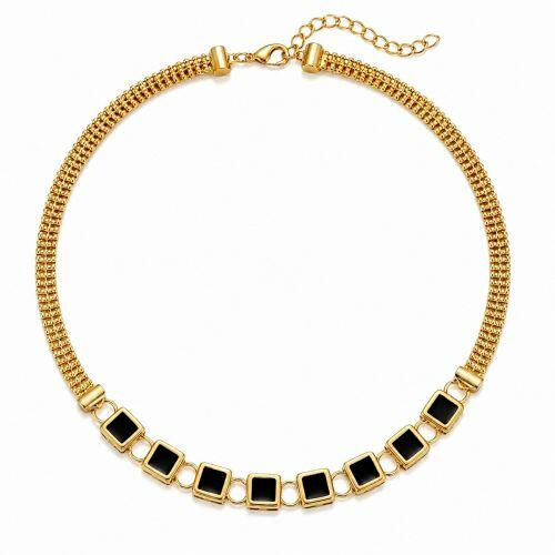 Choker Esteira com Zirc�nia Negra Quadrada Banhado a Ouro