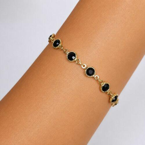 Pulseira Cristal Negra Redondo Banhado a Ouro