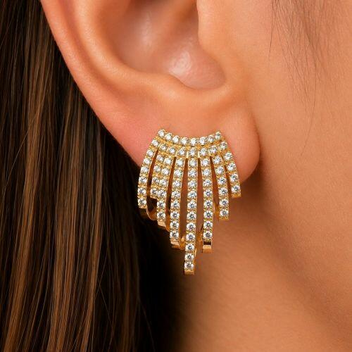 Brinco 8 Fileiras Micro Zirc�nia Banhado a  Ouro