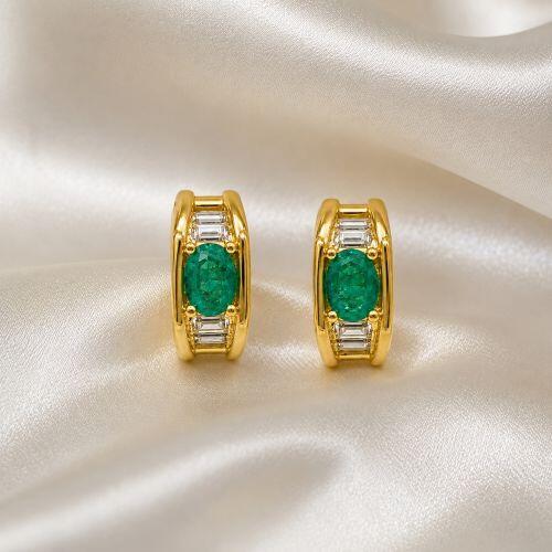 Brinco Baguette Zircônia Cristal e Turmalina Oval Banhado a Ouro