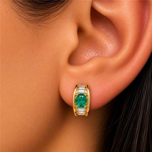 Brinco Baguette Zirc�nia Cristal e Turmalina Oval Banhado a Ouro