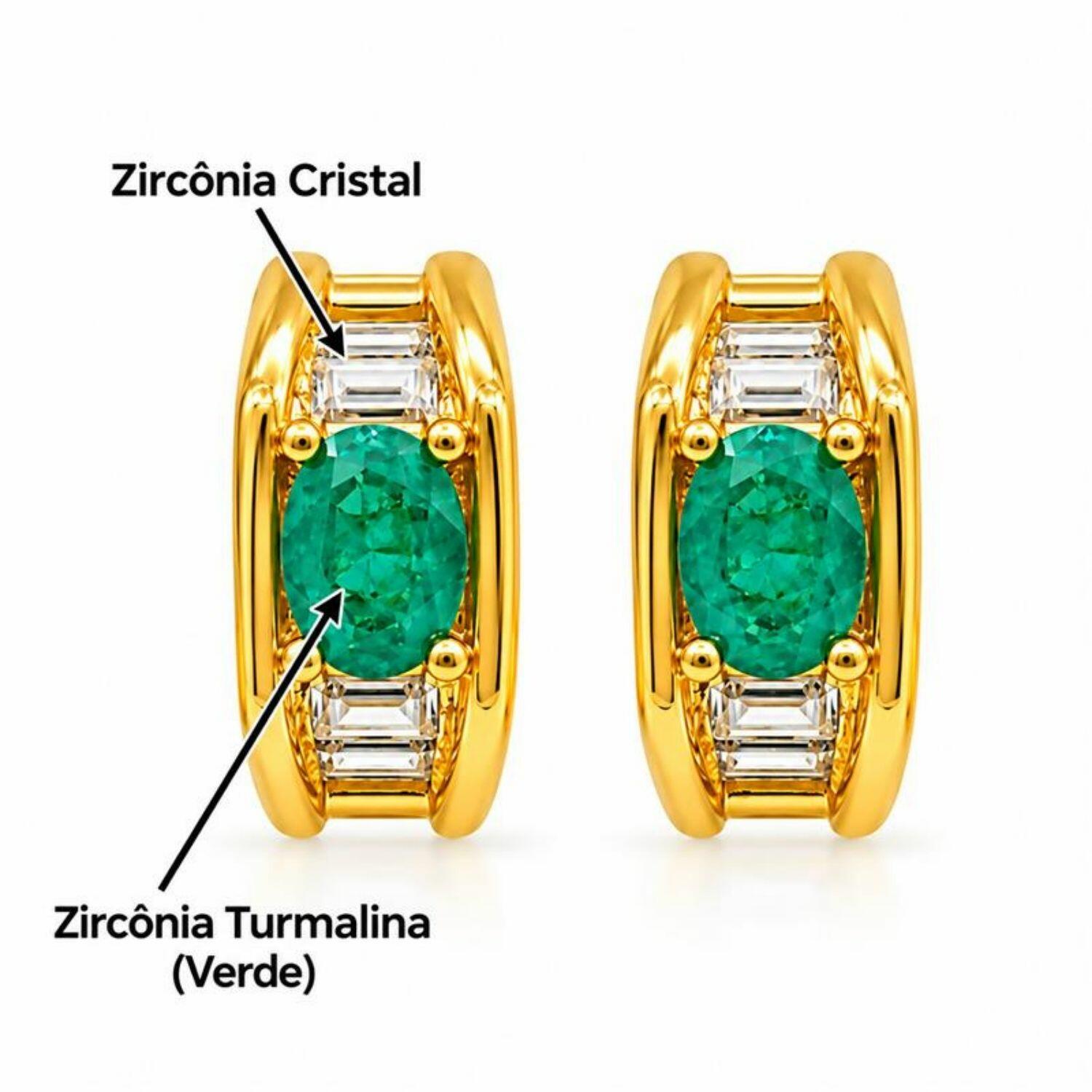 Brinco Baguette Zircônia Cristal e Turmalina Oval Banhado a Ouro