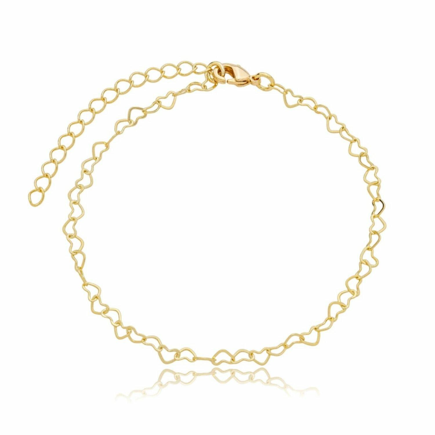 Pulseira Elo Corações Vazado Banhado a Ouro