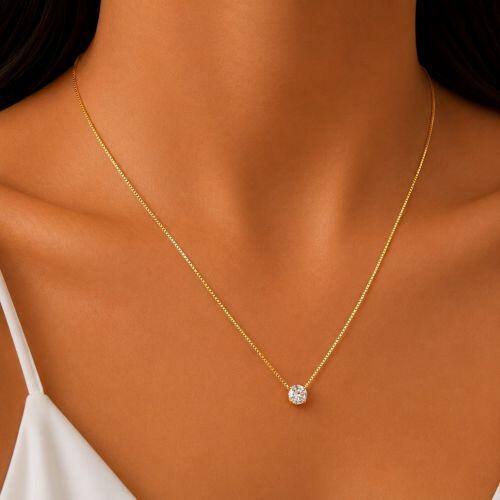 Colar Ponto de Luz Zircônia 6mm Banhado a Ouro