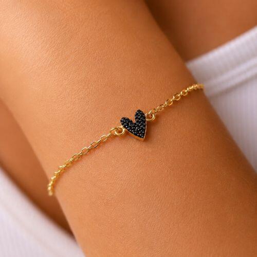 Pulseira com Coração Micro Zircônia Negra Banhado a Ouro