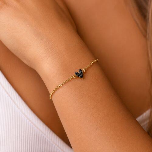 Pulseira com Coração Micro Zircônia Negra Banhado a Ouro