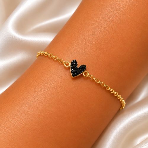Pulseira com Coração Micro Zircônia Negra Banhado a Ouro