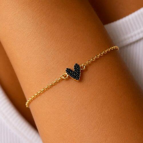 Pulseira com Coração Micro Zircônia Negra Banhado a Ouro