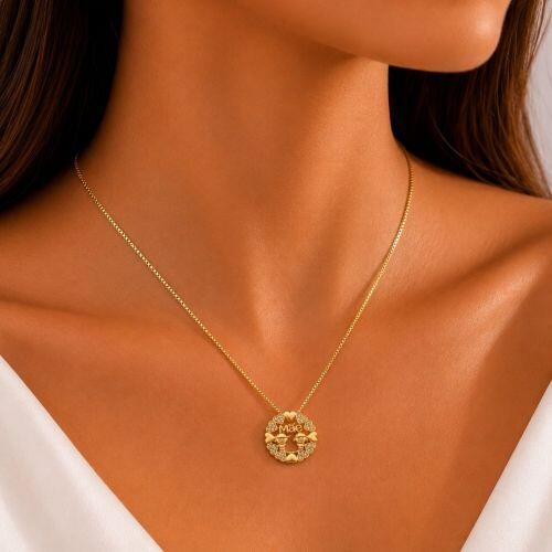 Colar Mandala Cora��es M�e com Filhos Casal Zirc�nia Cristal Banhado a Ouro