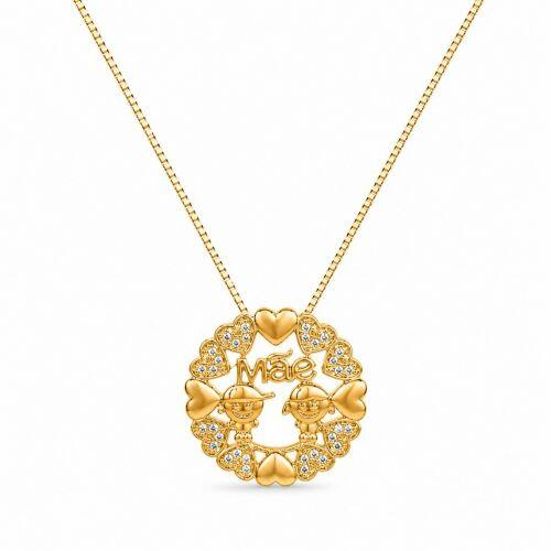 Colar Mandala Cora��es M�e com Filhos Casal Zirc�nia Cristal Banhado a Ouro