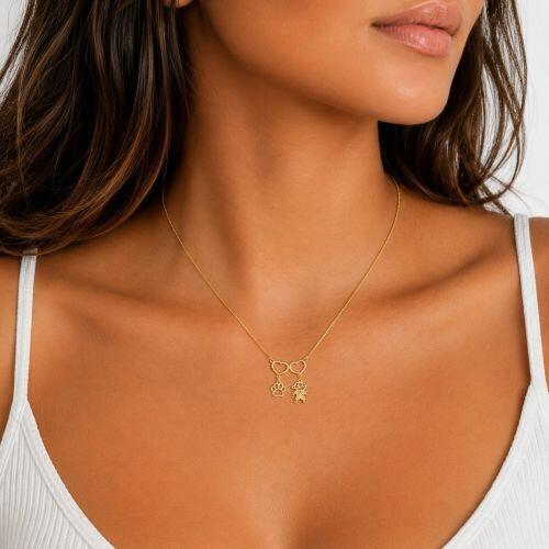 Colar Cora��o Vazado com Patinha e Menino Banhado a Ouro
