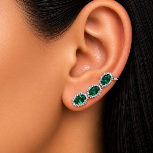 Brinco Ear Cuff Zirc�nia Oval Turmalina e Cristal banhado a Prata