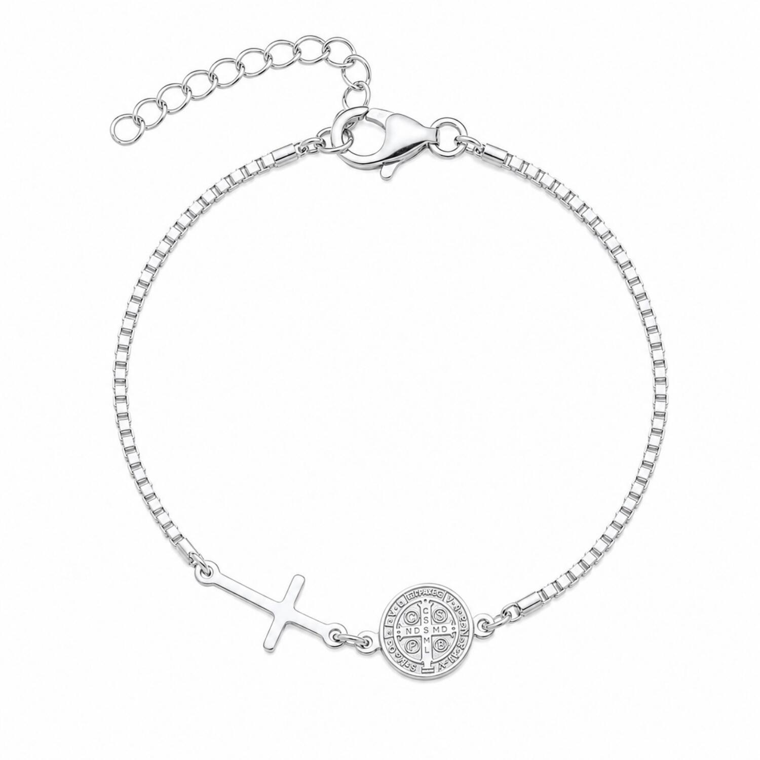 Pulseira Cruz com São Bento Banhado a Prata