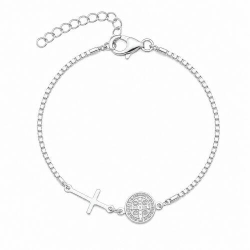 Pulseira Cruz com S�o Bento Banhado a Prata