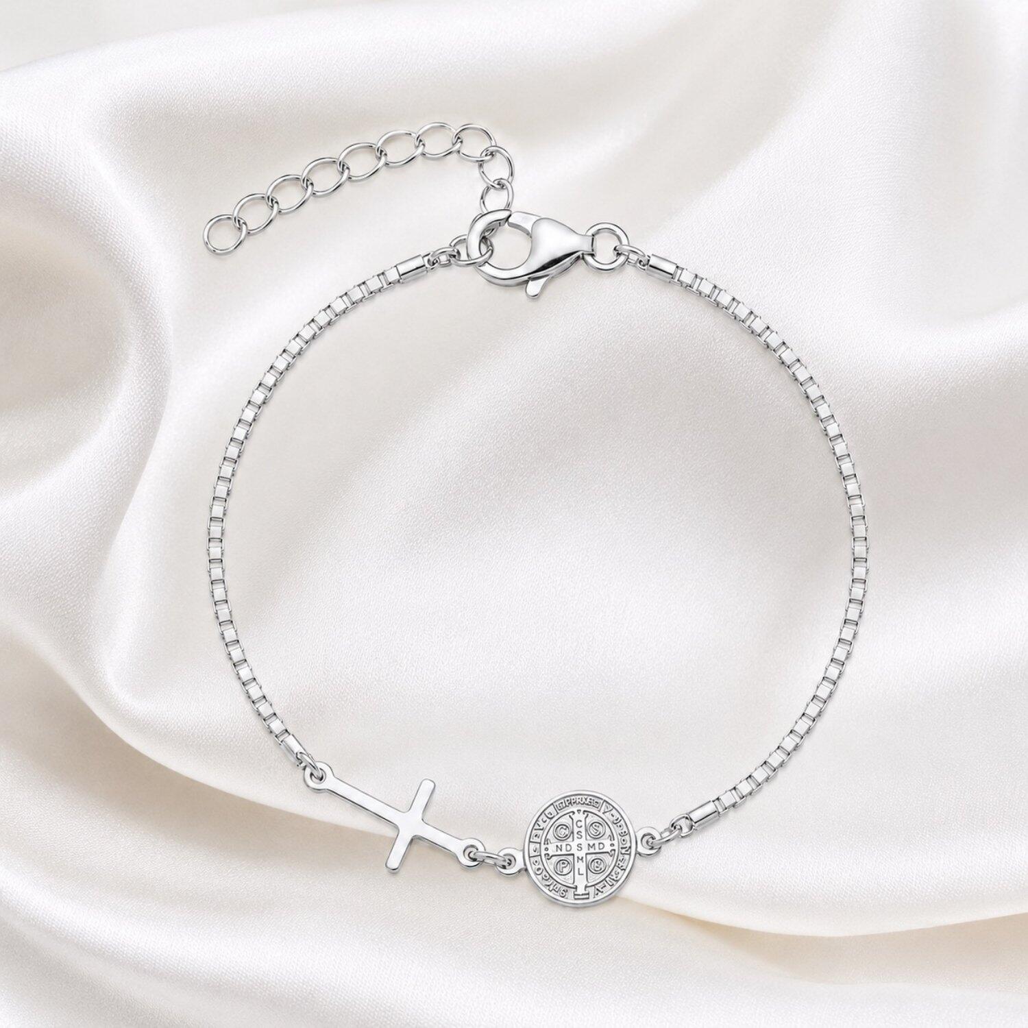 Pulseira Cruz com São Bento Banhado a Prata