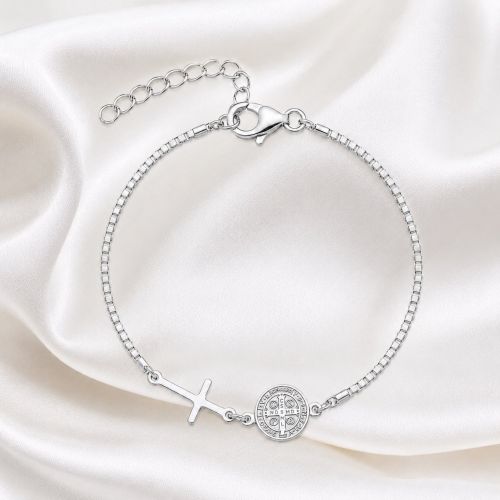 Pulseira Cruz com São Bento Banhado a Prata