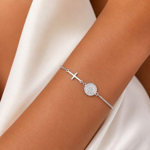 Pulseira Cruz com S�o Bento Banhado a Prata