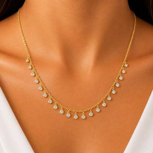 Colar Elo Portugu�s com Pontos de Luz Zirc�nia Cristal Banhado a Ouro
