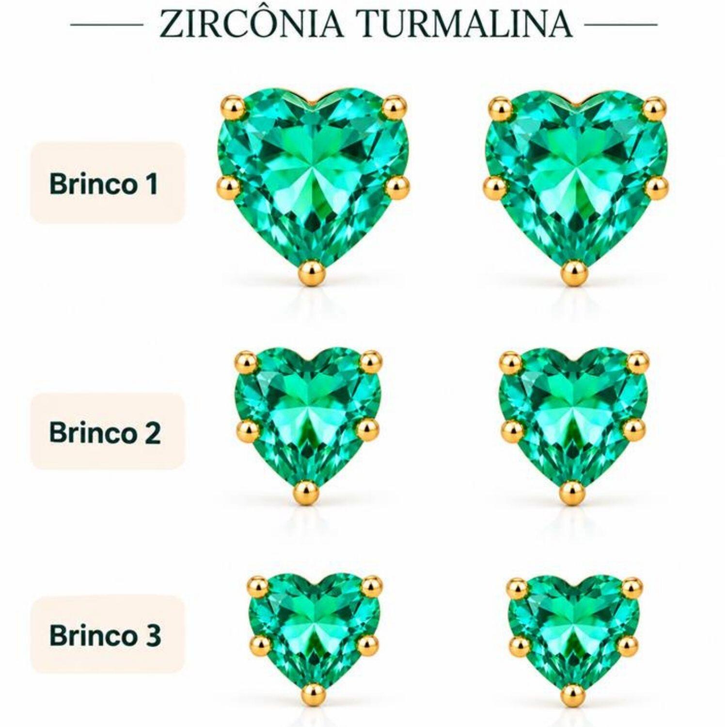 Brinco Trio Coração Zircônia Turmalina Banhado a Ouro