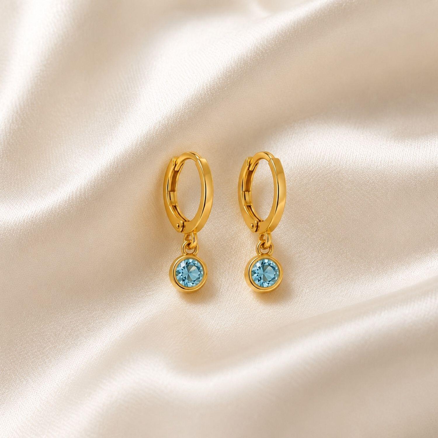 Brinco Infantil Argola Ponto de Luz Zircônia Azul Banhado a Ouro