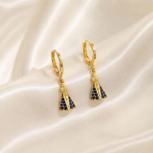 Brinco Argola Nossa Senhora Aparecida Zircônia Azul Banhado a Ouro