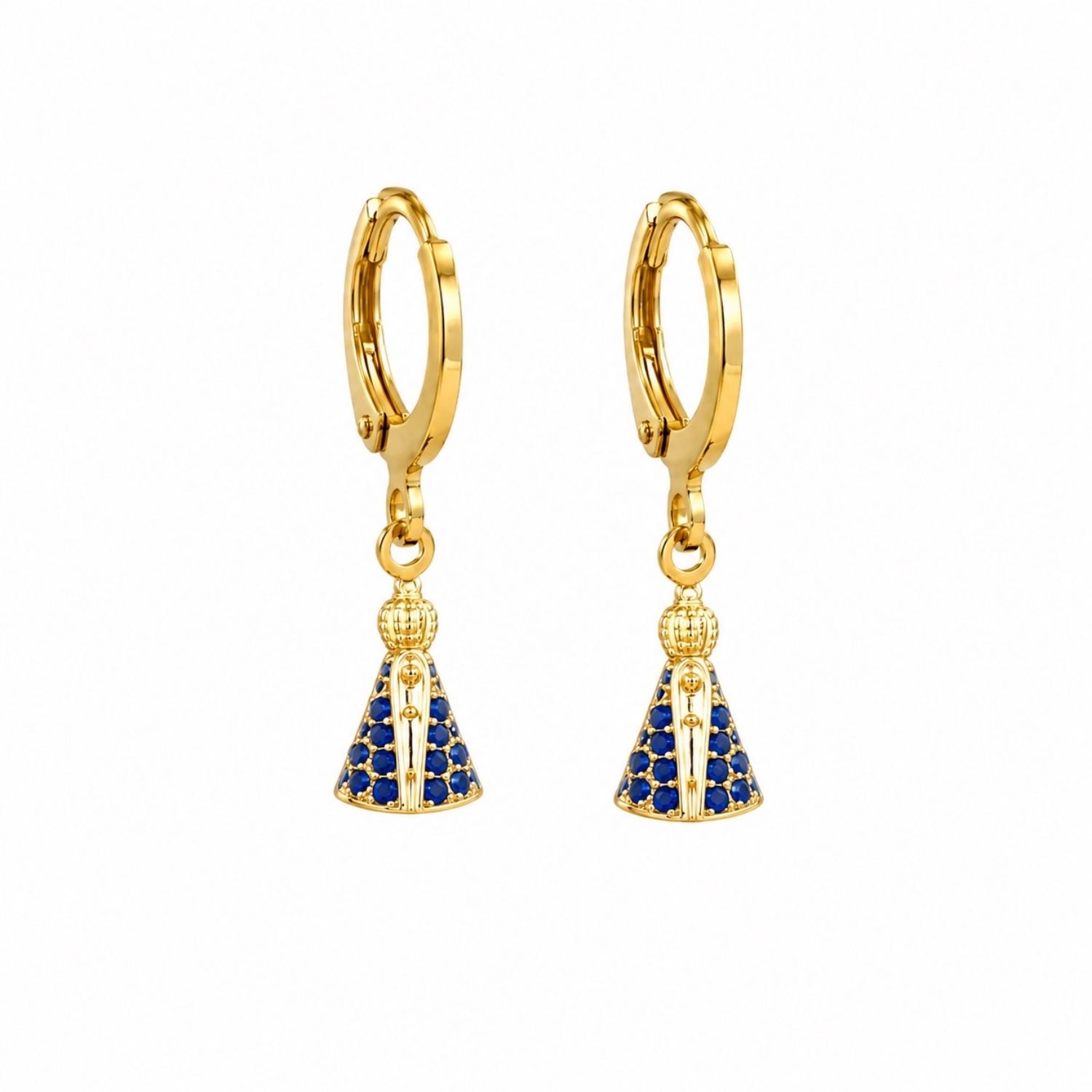 Brinco Argola Nossa Senhora Aparecida Zircônia Azul Banhado a Ouro