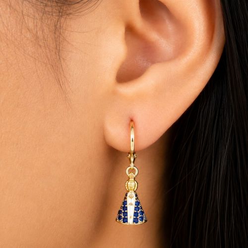 Brinco Argola Nossa Senhora Aparecida Zircônia Azul Banhado a Ouro