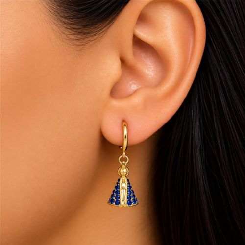 Brinco Argola Nossa Senhora Aparecida Zirc�nia Azul Banhado a Ouro